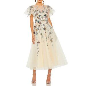 Mac‎ Duggal Womens 20510 Nude Flutter Sleeve High Neck Embellished Floral Dress